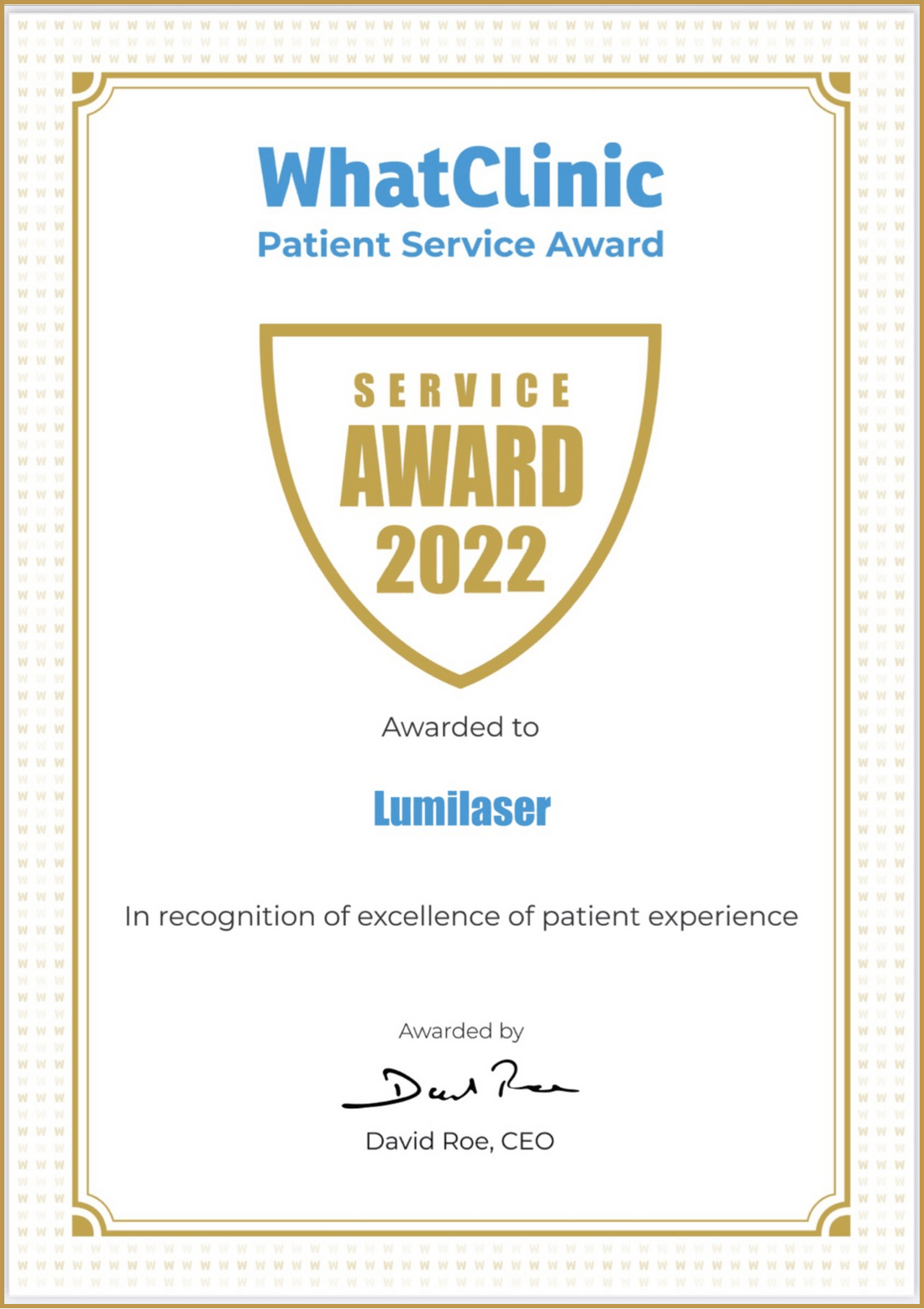 Lumilaser Esthetique Honoré avec le Prix WhatClinic pour 2022!